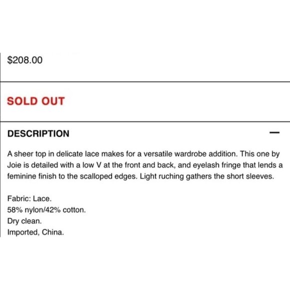 Joie Sz S Olive Brown Deep V Sheer Scalloped Eyelash Lace Top Blouse Ruched - Picture 11 of 12